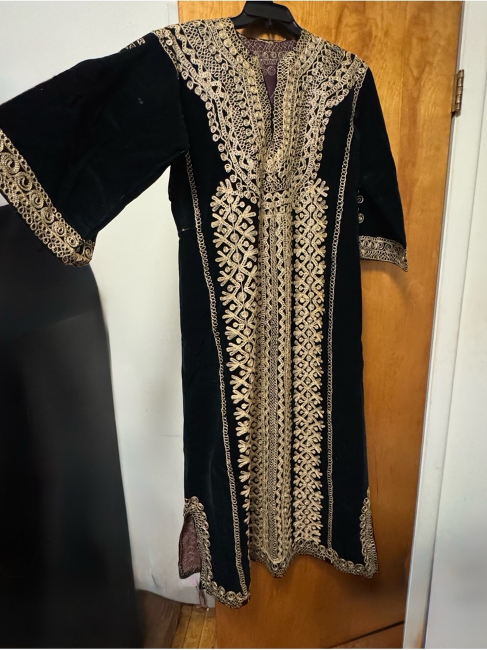 Vintage Moroccan Velvet Kaftan - Black with Ornate Gold Embroidery